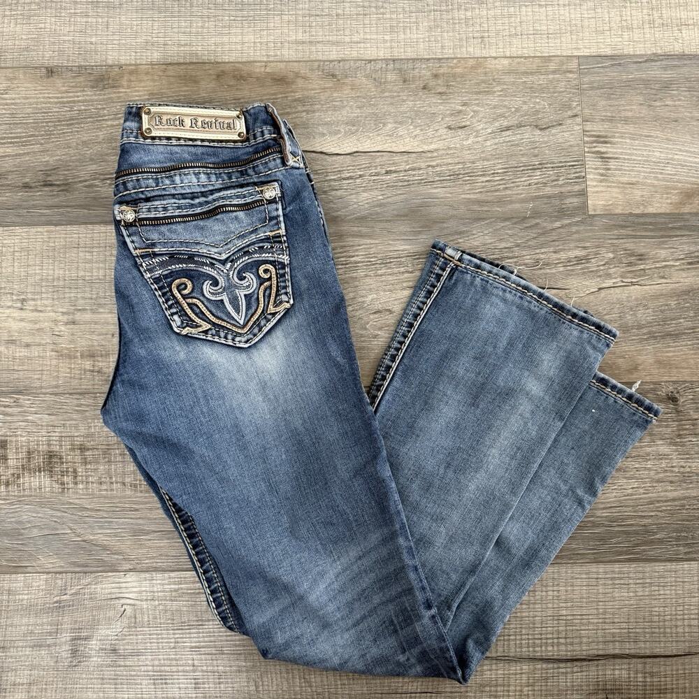 Rock Revival Jeans Womens 34x29 Tai Slim Fit Bootcut Mid Rise Fleur De Lis Y2K